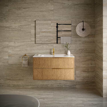 Kora Geo Woodgrain 40" Wall Mounted Vanity with Gold Handles