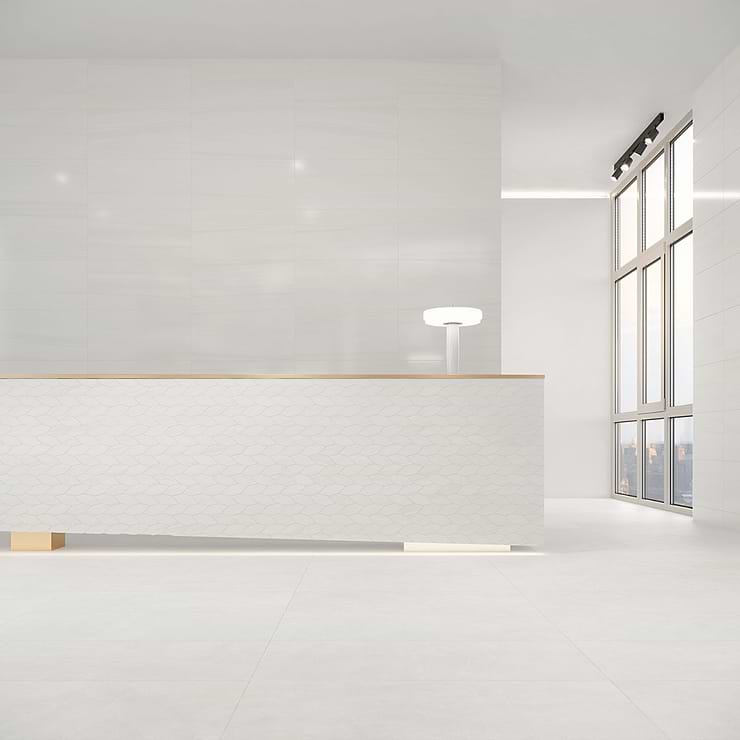 Minera Dolomite Warm White  Foliage Marble Look Polished Porcelain Mosaic Tile