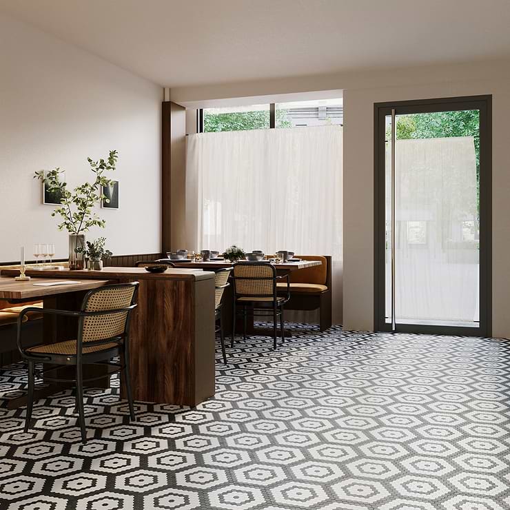 Juno Honeycomb Black and White 1" Hexagon Polished Marble Mosaic; in Black, White, Gray Marble; for Backsplash, Floor Tile, Kitchen Floor, Kitchen Wall, Wall Tile, Bathroom Floor, Bathroom Wall, Shower Wall, Shower Floor, Outdoor Floor, Outdoor Wall, Commercial Floor; in Style Ideas Contemporary, Modern, Whimsical; released 2023; new, trends