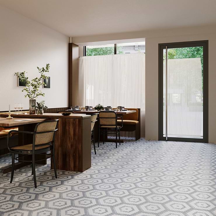 Juno Honeycomb Gray and White 1" Hexagon Polished Marble Mosaic; in Gray, White Marble; for Backsplash, Floor Tile, Kitchen Floor, Kitchen Wall, Wall Tile, Bathroom Floor, Bathroom Wall, Shower Wall, Shower Floor, Outdoor Floor, Outdoor Wall, Commercial Floor; in Style Ideas Contemporary, Modern, Whimsical; released 2023; new, trends