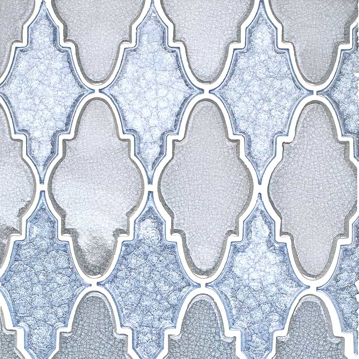 Roman Valor Brisk Blue Arabesque Polished Glass Mosaic; in Light Blue + Blue Gray Glass + Ceramic; for Backsplash, Kitchen Wall, Wall Tile, Bathroom Wall, Shower Wall; in Style Ideas Beach, Tropical
