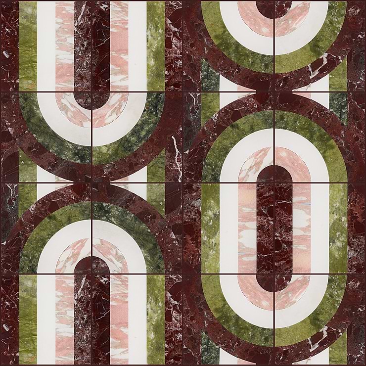 ARC Rainbow Multicolor 12X12 Polished Marble Mosaic: Pattern 1; in Multicolor Marble; for Backsplash, Floor Tile, Kitchen Floor, Kitchen Wall, Wall Tile, Bathroom Floor, Bathroom Wall, Shower Wall, Outdoor Wall, Commercial Floor; in Style Ideas Art Deco, Mid Century