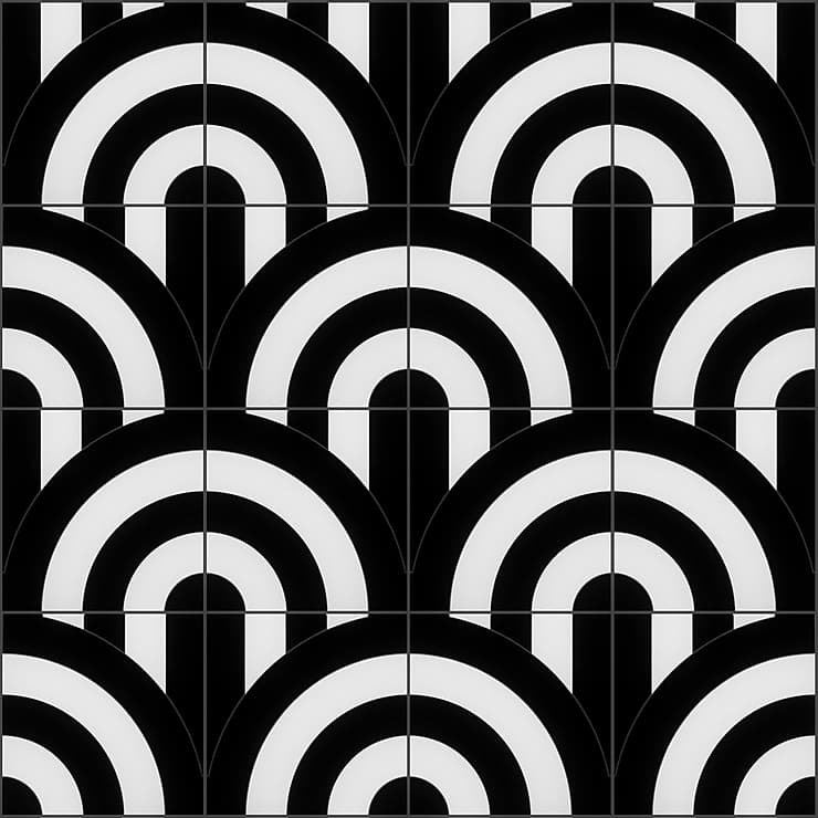 ARC Viva Black & White 12X12 Polished Porcelain Mosaic: Pattern 30; in Multicolor NanoGlass Thassos + Black Jade; for Backsplash, Floor Tile, Kitchen Floor, Kitchen Wall, Wall Tile, Bathroom Floor, Bathroom Wall, Shower Wall, Outdoor Wall, Commercial Floor; in Style Ideas Art Deco, Mid Century