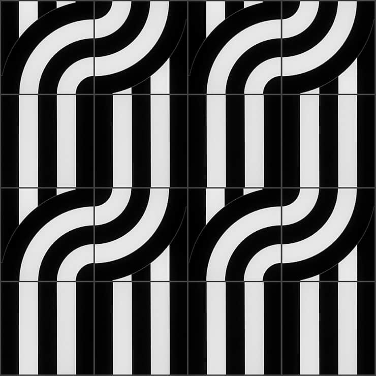 ARC Viva Black & White 12X12 Polished Porcelain Mosaic: Pattern 35; in Multicolor NanoGlass Thassos + Black Jade; for Backsplash, Floor Tile, Kitchen Floor, Kitchen Wall, Wall Tile, Bathroom Floor, Bathroom Wall, Shower Wall, Outdoor Wall, Commercial Floor; in Style Ideas Art Deco, Mid Century