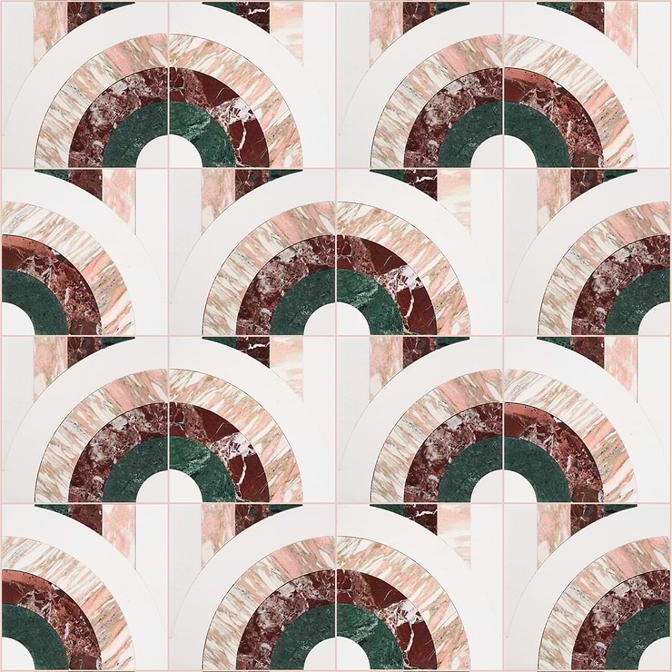 Arc Passion Multicolor 12X12 Polished Marble Mosaic By Elizabeth Sutton: Pattern 30; in Multicolor Marble; for Backsplash, Floor Tile, Kitchen Floor, Kitchen Wall, Wall Tile, Bathroom Floor, Bathroom Wall, Shower Wall, Outdoor Wall, Commercial Floor; in Style Ideas Art Deco, Mid Century