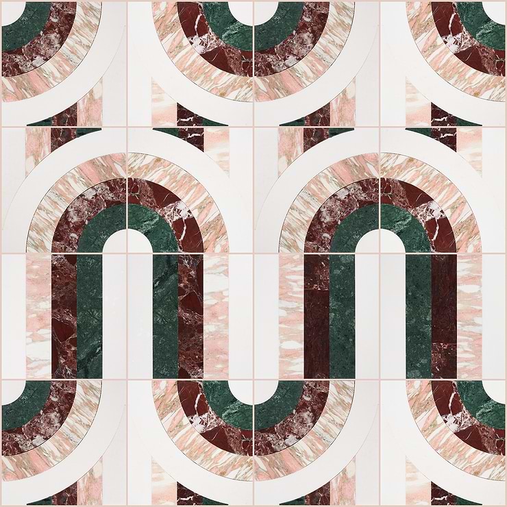 Arc Passion Multicolor 12X12 Polished Marble Mosaic By Elizabeth Sutton: Pattern 9; in Multicolor Marble; for Backsplash, Floor Tile, Kitchen Floor, Kitchen Wall, Wall Tile, Bathroom Floor, Bathroom Wall, Shower Wall, Outdoor Wall, Commercial Floor; in Style Ideas Art Deco, Mid Century