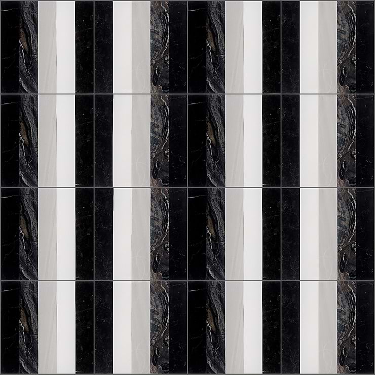 Arc Night Black & White 12X12 Polished Marble Mosaic By Elizabeth Sutton: Pattern 11; in Multicolor Marble; for Backsplash, Floor Tile, Kitchen Floor, Kitchen Wall, Wall Tile, Bathroom Floor, Bathroom Wall, Shower Wall, Outdoor Wall, Commercial Floor; in Style Ideas Art Deco, Mid Century
