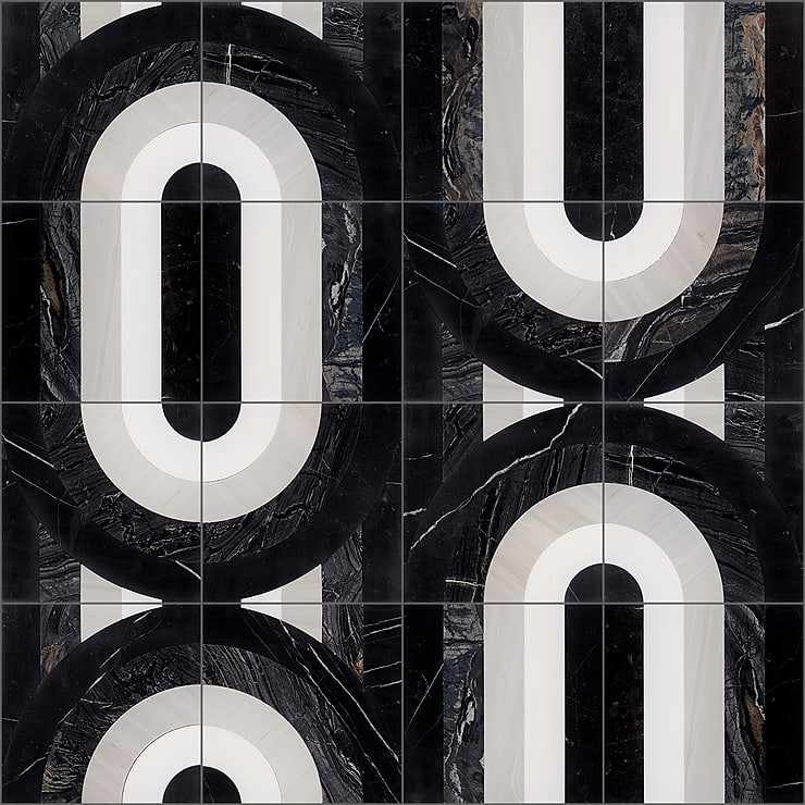 Arc Night Black & White 12X12 Polished Marble Mosaic By Elizabeth Sutton: Pattern 1; in Black & White Marble; for Backsplash, Floor Tile, Kitchen Floor, Kitchen Wall, Wall Tile, Bathroom Floor, Bathroom Wall, Shower Wall, Outdoor Wall, Commercial Floor; in Style Ideas Art Deco, Mid Century