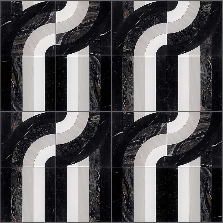 Arc Night Black & White 12X12 Polished Marble Mosaic By Elizabeth Sutton: Pattern 35; in Black & White Marble; for Backsplash, Floor Tile, Kitchen Floor, Kitchen Wall, Wall Tile, Bathroom Floor, Bathroom Wall, Shower Wall, Outdoor Wall, Commercial Floor; in Style Ideas Art Deco, Mid Century