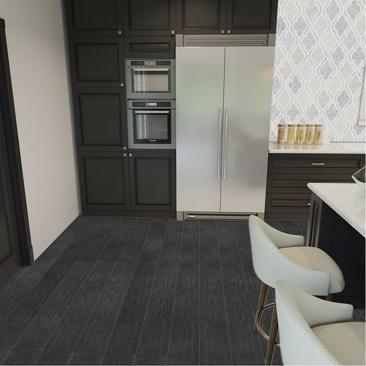 Okinawa Carbon Black 8X48 Matte Porcelain Wood Look Tile; in Black Porcelain; for Backsplash, Floor Tile, Kitchen Floor, Kitchen Wall, Wall Tile, Bathroom Floor, Bathroom Wall, Shower Wall, Outdoor Floor, Outdoor Wall, Commercial Floor; in Style Ideas Farmhouse, Industrial, Rustic, Traditional