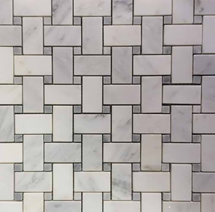 Trenza Asian Statuary White Honed Marble Mosaic; in White w/Gray Dots Asian Statuary; for Backsplash, Floor Tile, Kitchen Floor, Kitchen Wall, Wall Tile, Bathroom Floor, Bathroom Wall, Shower Wall, Outdoor Wall, Commercial Floor; in Style Ideas Classic, Craftsman, Traditional