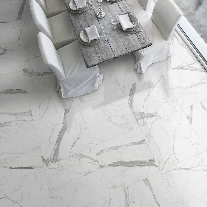 Versilia Statuario White 32x32 Polished Porcelain Tile; in White Porcelain; for Backsplash, Floor Tile, Kitchen Floor, Kitchen Wall, Wall Tile, Bathroom Floor, Bathroom Wall, Shower Wall, Outdoor Wall, Commercial Floor; in Style Ideas Art Deco, Contemporary, Craftsman, Modern