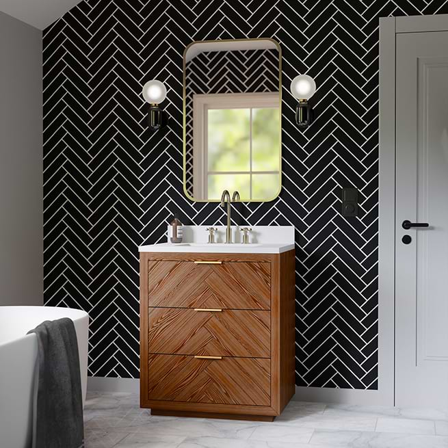 Adding Chevron Shelf Liner to Master Bathroom Vanity