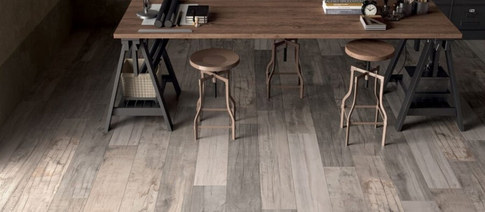 a rustic workspace with wood look porccelain