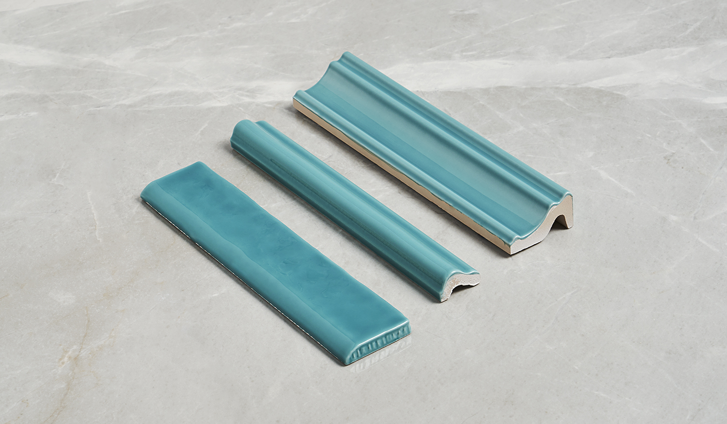 Beautiful blue tile trims set against a neutral gray background
