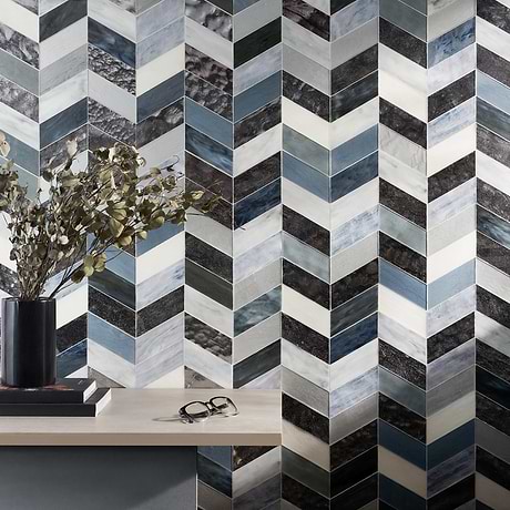 Elizabeth Sutton Meta Zanzibar Dark Silver 2x5 Chevron Glossy Glass Mosaic Tile