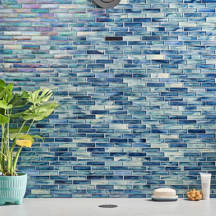 Artwave Beach Blue Iridescent 1x4  Polished Glass Mosaic Tile