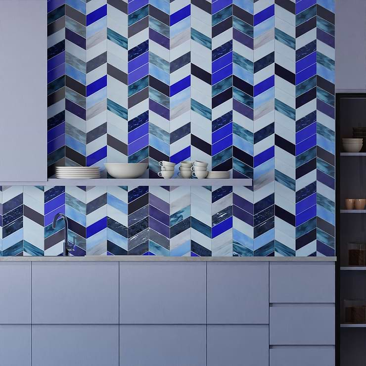 Elizabeth Sutton Meta Bayou Blue 2x5 Chevron Glossy Glass Mosaic Tile