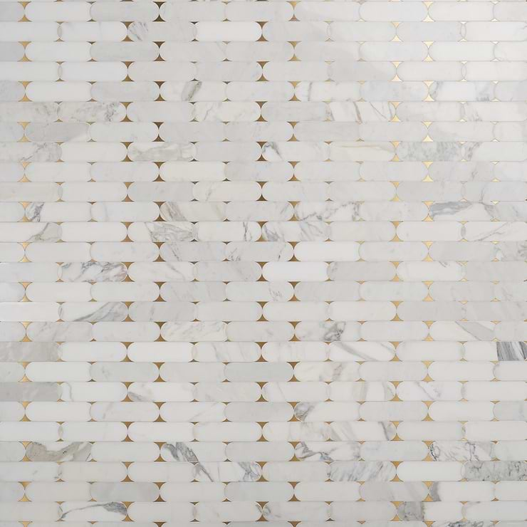 Norway Calacatta White 2x6 Polished Marble and Brass Waterjet Mosaic Tile