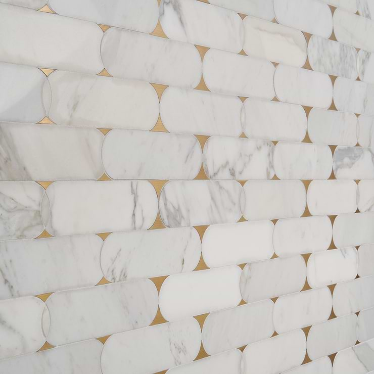 Norway Calacatta White 2x6 Polished Marble and Brass Waterjet Mosaic Tile