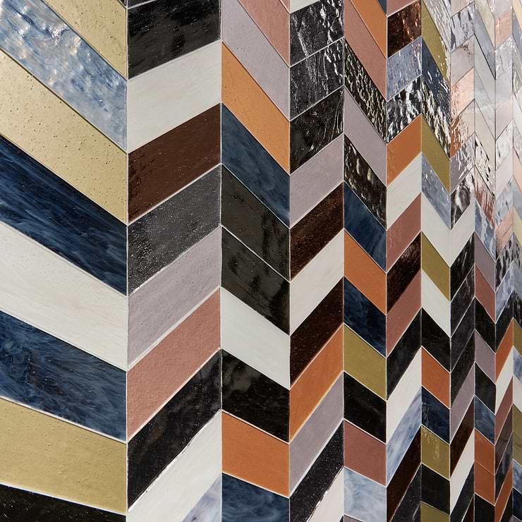 Elizabeth Sutton Meta Malibu Mixed Metallic 2x5 Chevron Glossy Glass Mosaic Tile