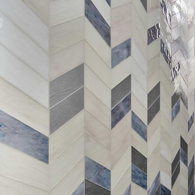 Elizabeth Sutton Meta Aspen Light Silver 2x5 Chevron Glossy Glass Mosaic Tile