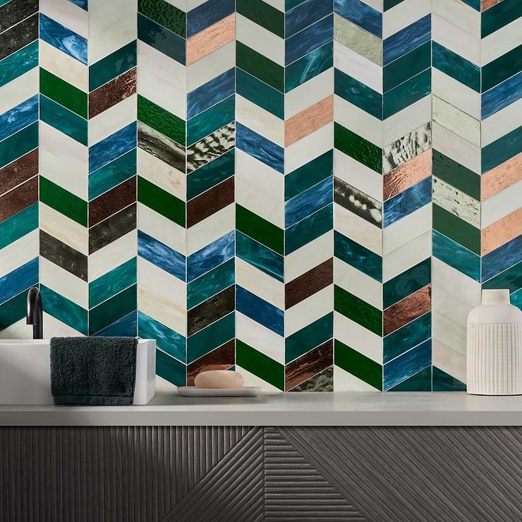 Elizabeth Sutton Meta Vermont Jade Green 2x5 Chevron Glossy Glass Mosaic Tile