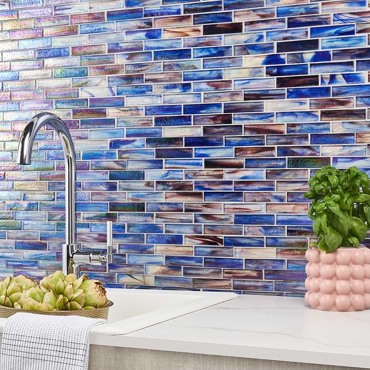 Artwave Cove Blue Iridescent 1x4 Polished Glass Mosaic Tile