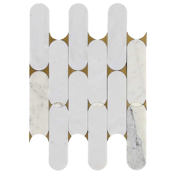 Norway Calacatta White 2x6 Polished Marble and Brass Waterjet Mosaic Tile