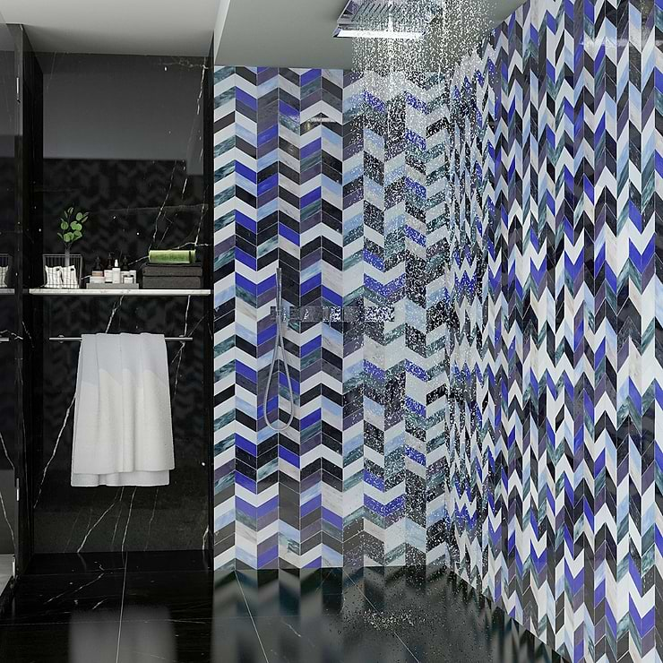 Elizabeth Sutton Meta Bayou Blue 2x5 Chevron Glossy Glass Mosaic Tile