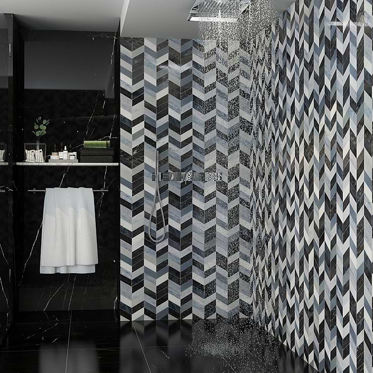 Elizabeth Sutton Meta Zanzibar Dark Silver 2x5 Chevron Glossy Glass Mosaic Tile