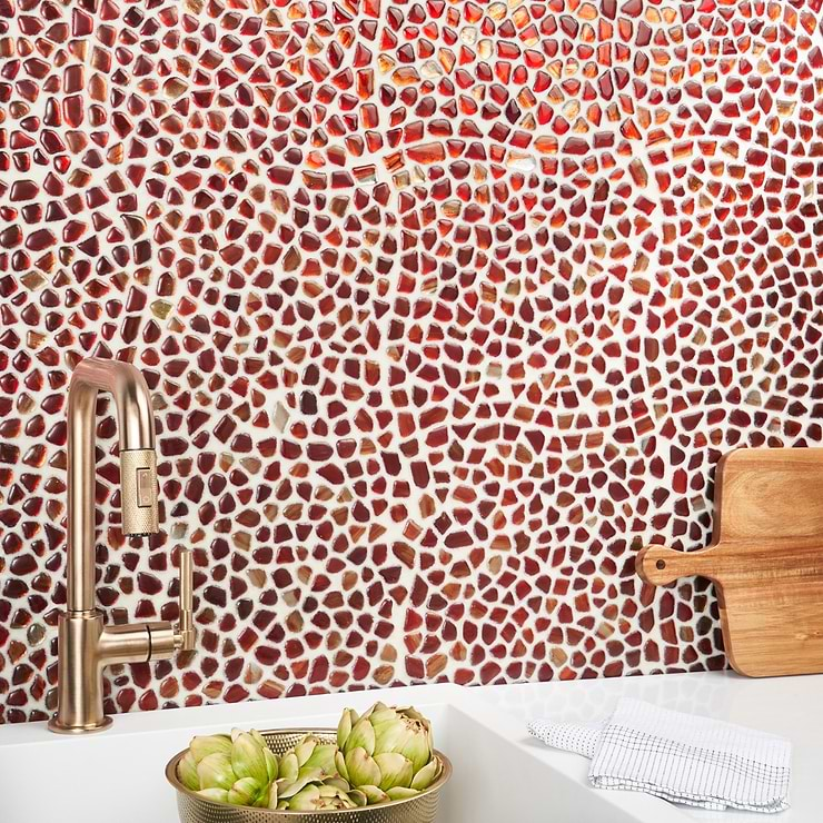 Komorebi Pebble Bonfire Red Polished Glass Mosaic Tile