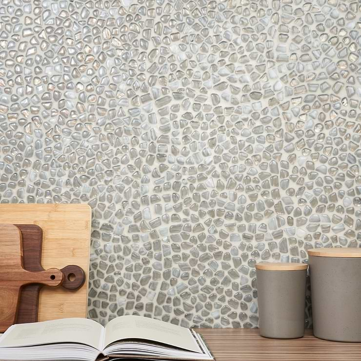 Komorebi Pebble Mineral Ice Gray Polished Glass Mosaic Tile