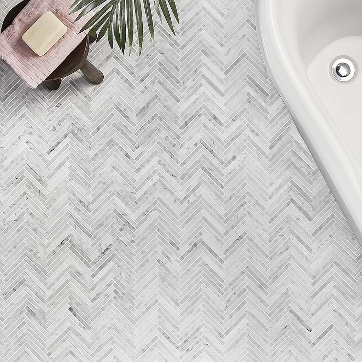 Carrara 1/2"x4" Herringbone Polished Marble Mosaic Tile