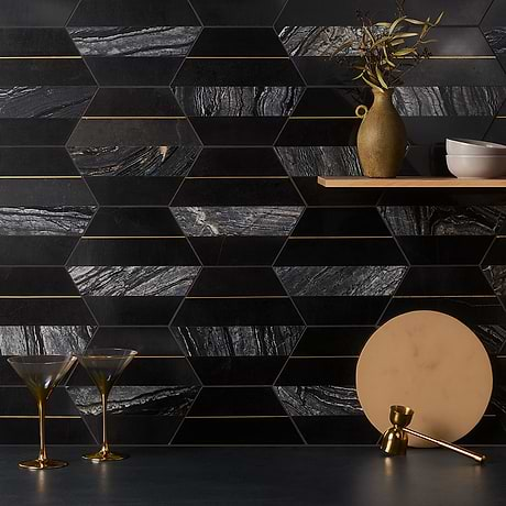 Margo Black and Gold 9" Hexagon Polished Nero Marquina Marble and Brass Mosaic Tile