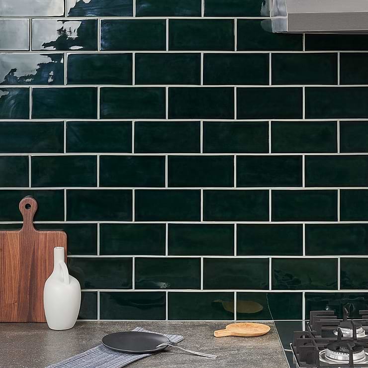 Nabi Subway Midnight Blue Green 4.5x9 Crackled Glossy Glass Tile