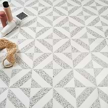 Cleopatra Diagonal Truffle White Terrazzo and Bianco White Marble Polished Mosaic Tile