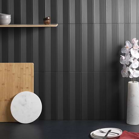Kinzie Concave Charcoal Black 4x16 3D Matte Ceramic Tile