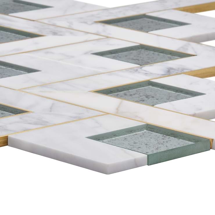 Zeta Mirror Silver Polished Marble- Antique Mirror and Brass Waterjet Mosaic Tile