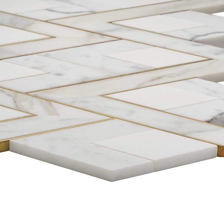 Zeta Bianco White Polished Marble and Brass Waterjet Mosaic Tile