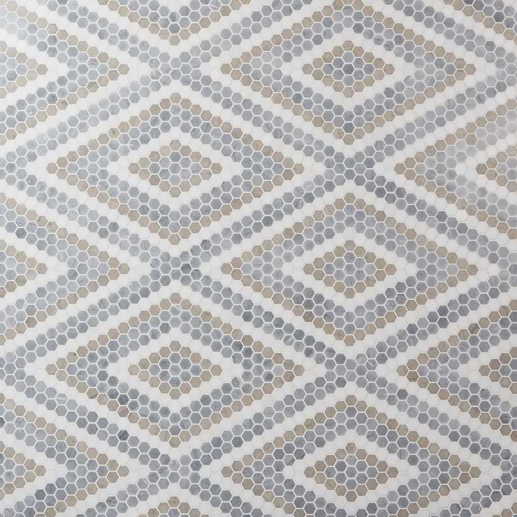 Juno Diamond Beige and Gray 1" Hexagon Polished Marble Mosaic Tile
