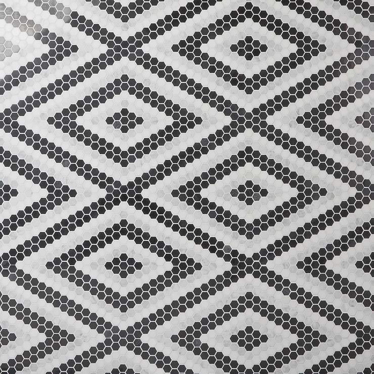 Juno Diamond Black and White 1" Hexagon Polished Marble Mosaic Tile