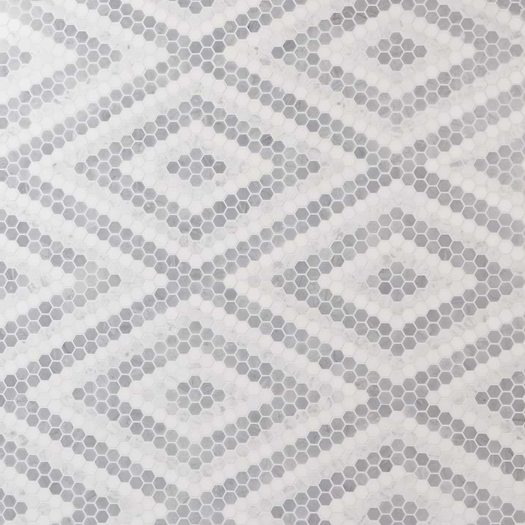 Juno Diamond Gray and White 1" Hexagon Polished Marble Mosaic Tile