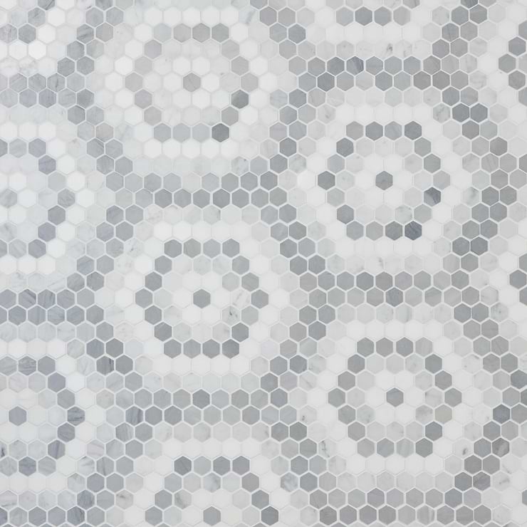 Juno Honeycomb Gray and White 1" Hexagon Polished Marble Mosaic Tile