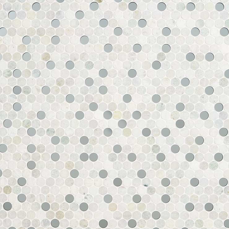 Reflection Ming Green With Mirror 1" Penny Round Polished Marble & Glass Mosaic Tile