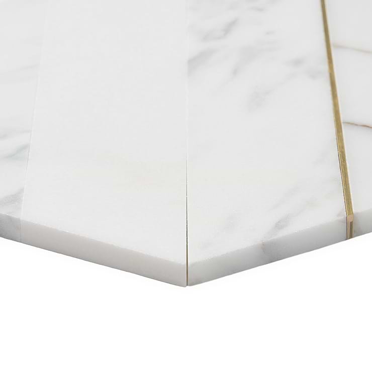 Margo White and Gold 9" Hexagon Polished Calacatta Marble and Brass Mosaic Tile