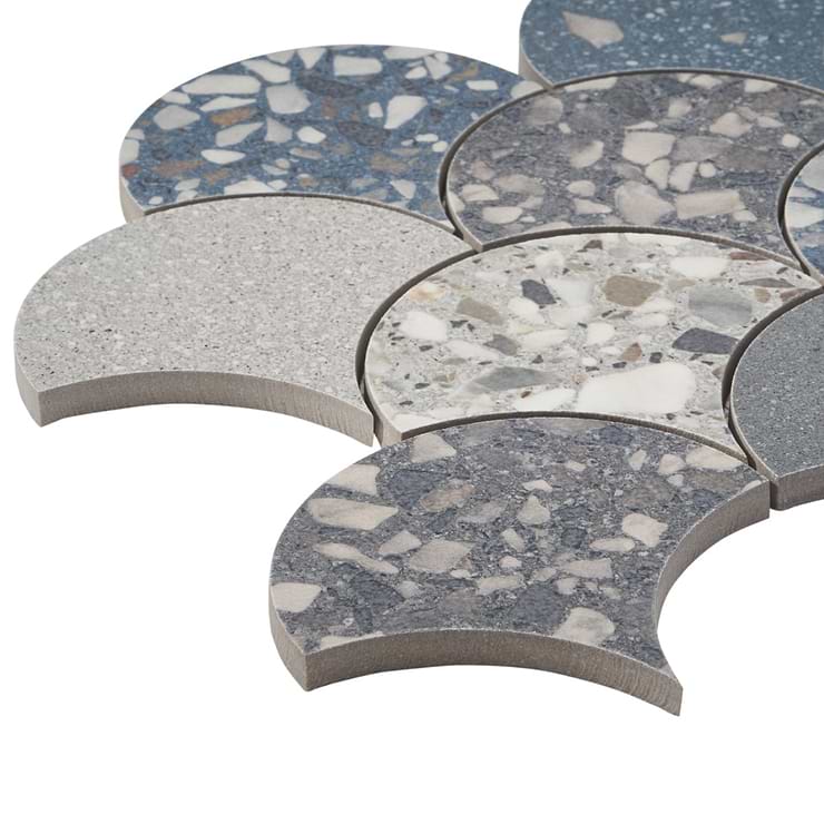 Kobe Fishscale Cool Blue Mix 4" Terrazzo Look Matte Porcelain Mosaic Tile