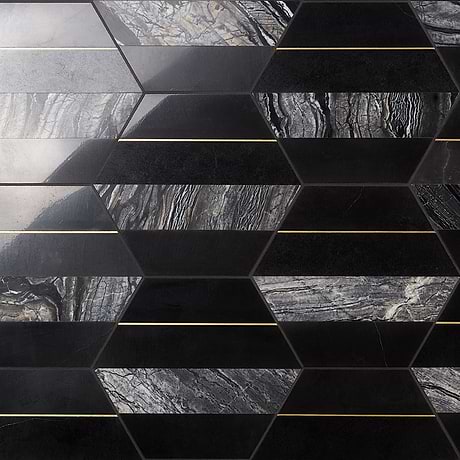 Margo Black and Gold 9" Hexagon Polished Nero Marquina Marble and Brass Mosaic Tile
