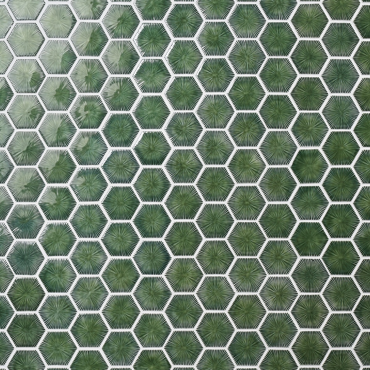 Nabi Hexagon Deep Emerald Green 3" Crackled Glossy Glass Mosaic Tile