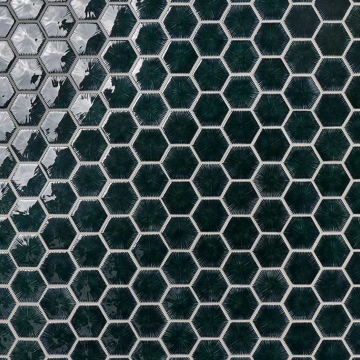 Nabi Hexagon Midnight Blue Green 3" Crackled Glossy Glass Mosaic Tile